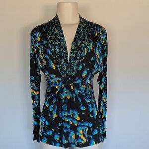 BCBG MaxAzria black/turquoise splotchy print knotted front top-S
